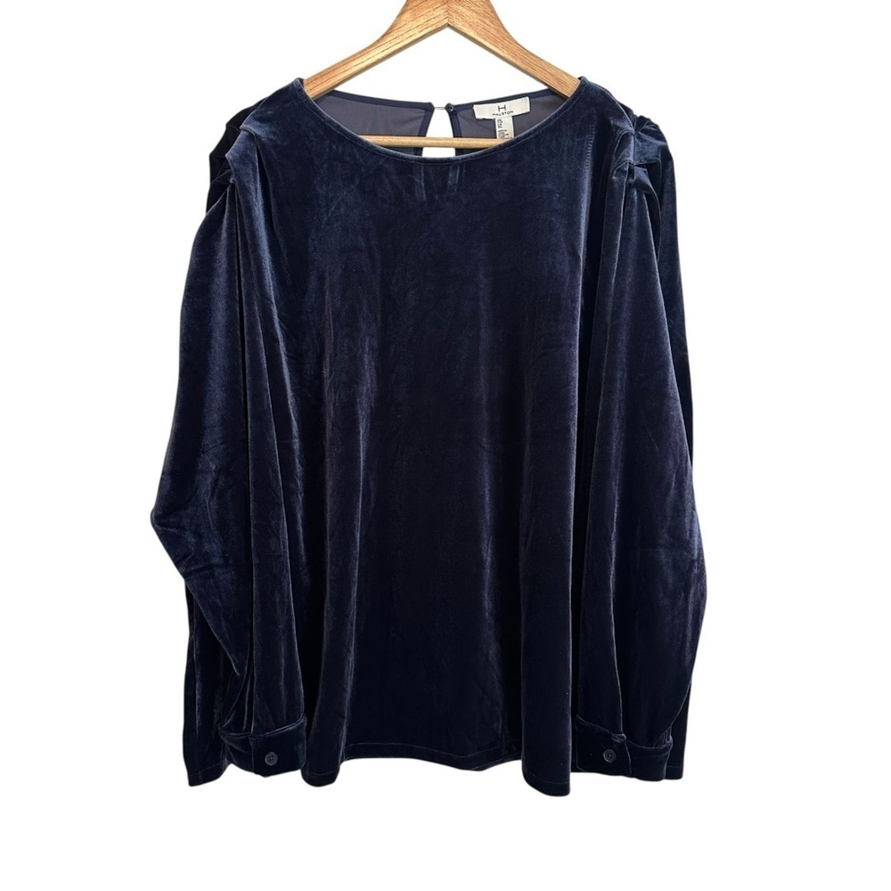 NEW Halston Women's XXL Deep Navy Velvet Curvy Plus Pullover Ruche Shoulder Top